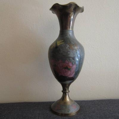Alte Vase - Messing und Emaille-Malerei - Höhe: 25, 5cm - 50er/60er - thumb
