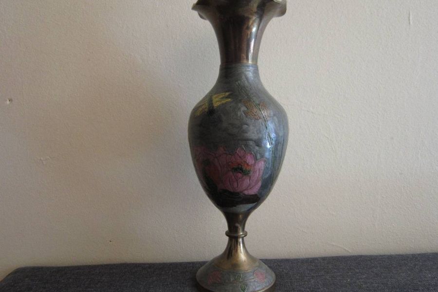 Alte Vase - Messing und Emaille-Malerei - Höhe: 25, 5cm - 50er/60er - Bild 1