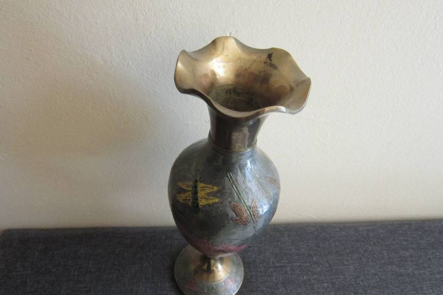Alte Vase - Messing und Emaille-Malerei - Höhe: 25, 5cm - 50er/60er - Bild 2
