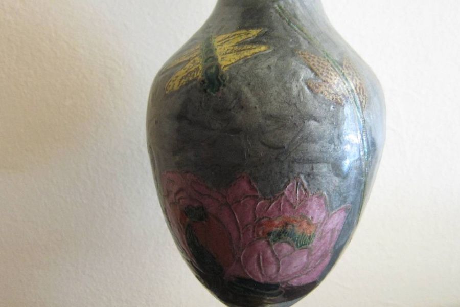Alte Vase - Messing und Emaille-Malerei - Höhe: 25, 5cm - 50er/60er - Bild 3