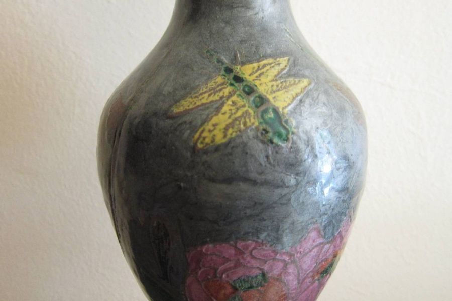 Alte Vase - Messing und Emaille-Malerei - Höhe: 25, 5cm - 50er/60er - Bild 5